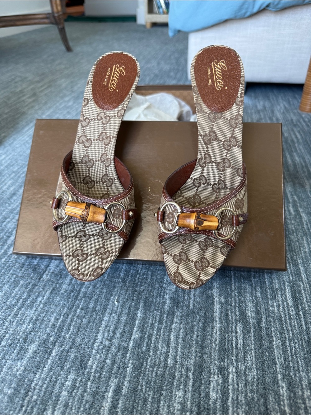 Gucci Beige Brown GG Canvas Bamboo Mules - Women's